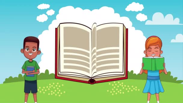 Kleine Schüler lesen Bücher im Lager animierte Charaktere - Filmmaterial, Video