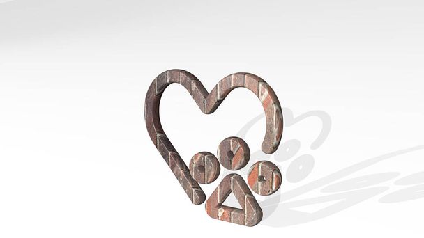 PETS PAW HEART made by 3D illustration of a shiny metallic sculpture casting shadow on light background. animal and dog - Photo, Image
