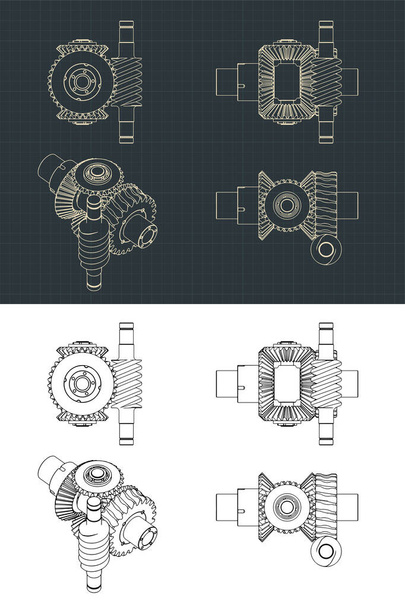 Stilisierte Vektorillustration des Differentialgetriebes mit Zeichnungen des Schneckengetriebes - Vektor, Bild