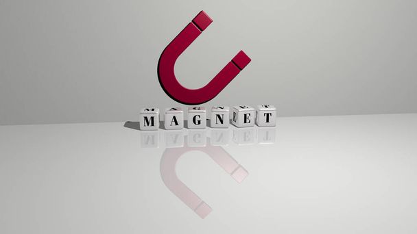 Graficzny obraz 3D MAGNET pionowo wraz z tekstem zbudowanym metalicznymi literami sześciennymi z górnej perspektywy, doskonały do prezentacji koncepcyjnej i pokazów slajdów. Ilustracja i tło - Zdjęcie, obraz