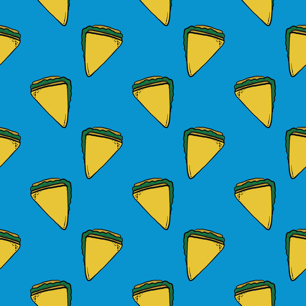 Driehoek sandwich, naadloos patroon op blauwe achtergrond. - Vector, afbeelding