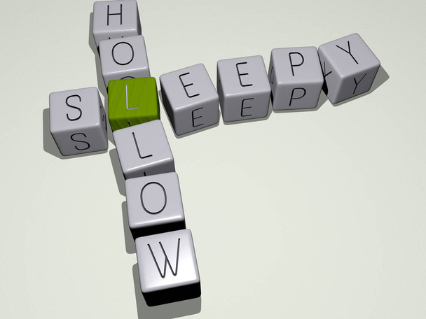 SLEEPY HOLLOW yhdistettynä noppaa kirjaimia ja värinylitys liittyviä merkityksiä käsitteen. väsynyt ja tausta - Valokuva, kuva