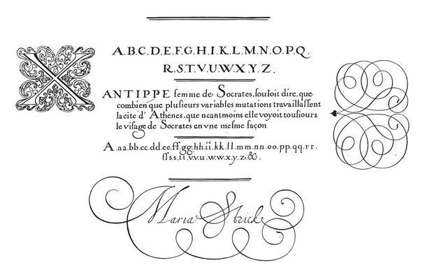 Írás példa nagybetűvel X, Hans Strick, 1618 Írás példa nagybetűvel X és négy sor szöveg francia, vintage metszet. - Vektor, kép