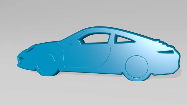 Autostand mit Schatten. 3D-Illustration einer metallischen Skulptur auf weißem Hintergrund mit milder Textur. Auto und Automobil - Foto, Bild