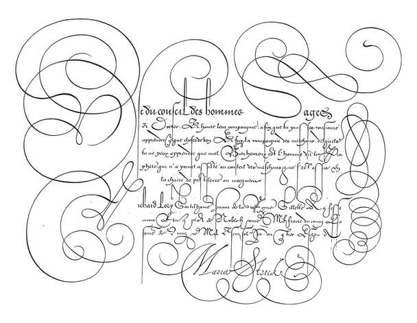 Παράδειγμα γραφής με κεφαλαίο U, Hans Strick, 1618 Παράδειγμα γραφής στα γαλλικά με κεφαλαίο U και έξι συν τρεις γραμμές κειμένου, vintage χαρακτική. - Διάνυσμα, εικόνα