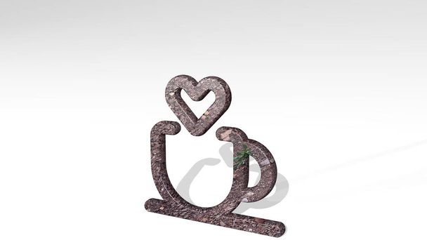 dating cup casting shadow with two lights. 3D illustration of metallic sculpture over a white background with mild texture. couple and love - Photo, Image