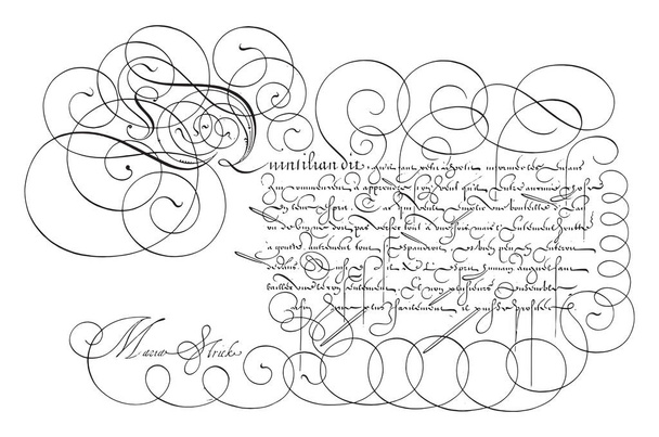 Ejemplo de escritura con mayúscula Q, Hans Strick, 1618 Ejemplo de escritura en francés con mayúscula Q y ocho líneas de texto, grabado vintage. - Vector, imagen