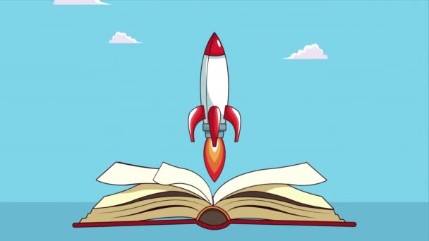 text book open with rocket literature animation - Footage, Video