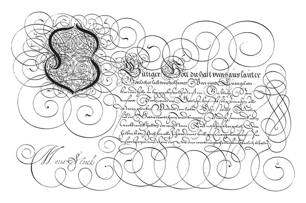 Ejemplo de escritura con mayúscula O, Hans Strick, 1618 Ejemplo de escritura en alemán con mayúscula O y nueve líneas de texto, grabado vintage. - Vector, Imagen