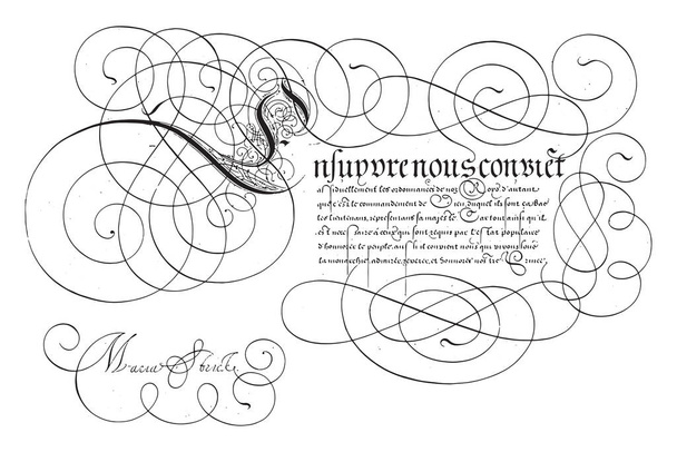 Schrijfvoorbeeld met hoofdletter E, Hans Strick, 1618 Schrijfvoorbeeld in het Frans met hoofdletter E en zeven regels tekst, vintage gravure. - Vector, afbeelding
