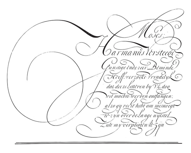 Schreibbeispiel: Mons (ieur) Harmanus Versteege (...), Ambrosius Perling, 1667 - 1718 Schreibbeispiel mit neun Zeilen Text auf Niederländisch, Vintage-Stich. - Vektor, Bild