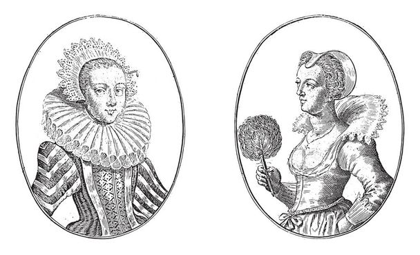 Twee afbeeldingen op een albumpagina. Links de courtisane Schone Jenne van Arras en rechts Marotte van Nancy, vintage gravure. - Vector, afbeelding