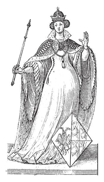 Μαργαρίτα της Βαυαρίας, ολόσωμη, με σκήπτρο και στέμμα. Ο θυρεός της απεικονίζει ένα δικέφαλο αετό που μοιράζεται με τέσσερα αναρριχητικά λιοντάρια. Αριθμημένο στο κάτω μέρος 6, vintage χάραξη. - Διάνυσμα, εικόνα
