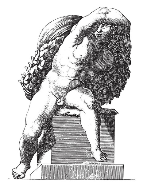 Akt siedzący, Adamo Scultori, po Michale Aniole, 1585 Siedzący nagi mężczyzna, częściowo odwrócony na bok, z girlandą żołędzi, vintage grawerowane. - Wektor, obraz