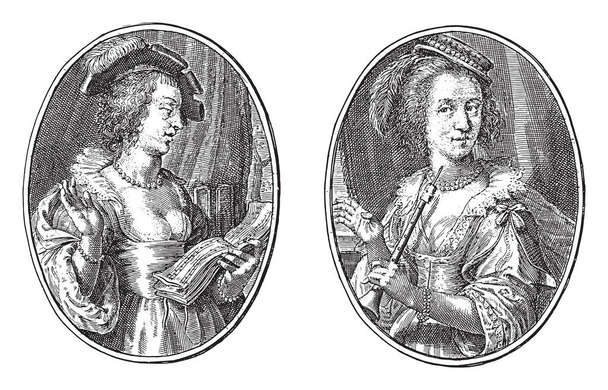 Calliope és Euterpe, Crispijn van de Passe (II), 1640 Két ábrázolás egy albumon. A bal oldalon a múzsa Calliope, énekel egy zenei könyv, vintage gravírozás. - Vektor, kép