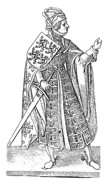 El conde Guillermo III el Bueno giró a la derecha y de cuerpo entero, con espada. En su escudo de armas cuatro leones trepadores, grabado vintage. - Vector, imagen