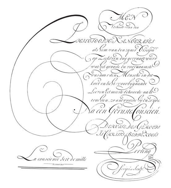 Przykład napisania: Men Verhaalt van den (...), Ambrosius Perling, 1667 - 1718 Przykład napisania trzynastu linijek tekstu w języku niderlandzkim, vintage grawerowanie. - Wektor, obraz