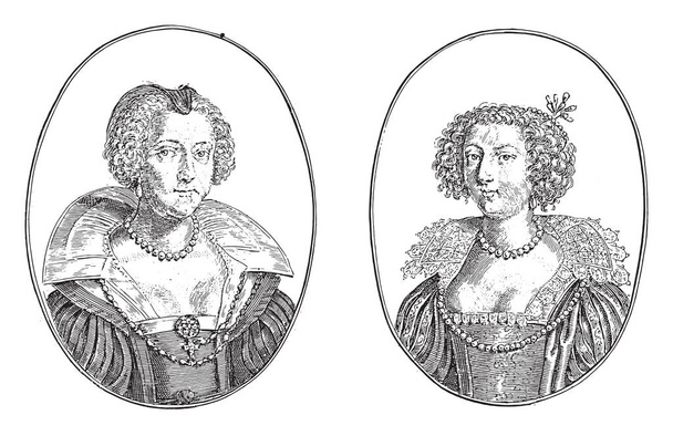 Twee scènes op een album. Verliet de courtisane Mademoiselle of Madame E.S.R. Rechts Bassonpiere van Rockefort, vintage gravure. - Vector, afbeelding
