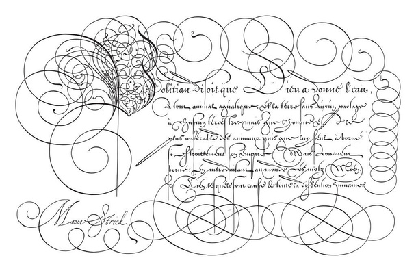大文字P 、ハンス・シュティック、 1618年フランス語で大文字Pと7行のテキストで例を書く、ヴィンテージ彫刻. - ベクター画像