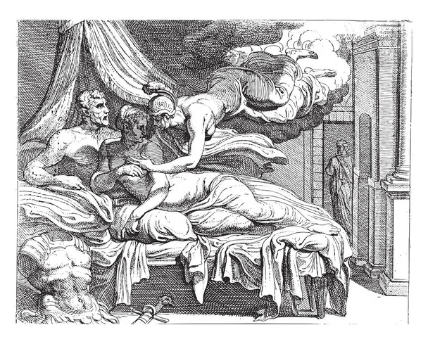 Minerva fugge i dubbi di Penelope, Minerva appare a Penelope e la convince che l'uomo accanto a lei a letto è davvero Ulisse, incisione vintage. - Vettoriali, immagini
