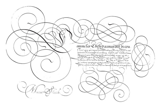 Esempio di scrittura con la C maiuscola, Hans Strick, 1618 Esempio di scrittura in francese con la C maiuscola e otto righe di testo, incisione vintage. - Vettoriali, immagini