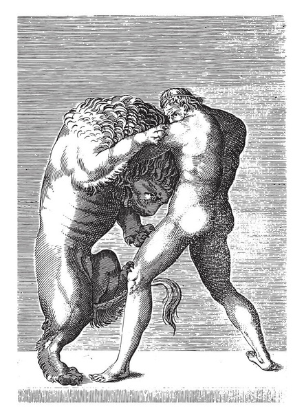 Sculpture of Hercules in battle with the Nemean lion, anonymous, 1584, vintage engraving. - Vector, Image