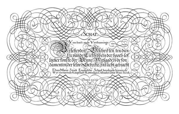 Τίτλος εκτύπωσης για μια σειρά καλλιγραφικών παραδειγμάτων γραφής, Hans Strick, 1618, Ο τίτλος στην καλλιγραφία μέσα σε ένα πλαίσιο μπούκλες και moresken, vintage χαρακτική. - Διάνυσμα, εικόνα