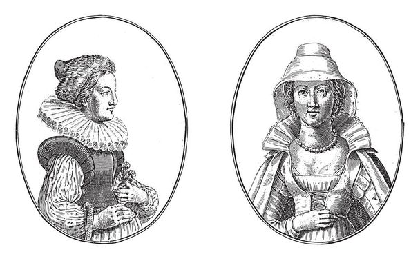 アルバムのページに2つのシーン。左側にはフランクフルトのバルビエール・ケット、右側にはアンナ・ロシーナ・ファン・マルブルクのヴィンテージ彫刻があります。. - ベクター画像