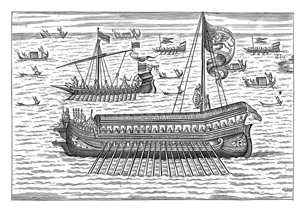 Bucintoro e outros navios em Veneza, anônimo, 1610 Vários navios na água, incluindo o Bucintoro, a galera do doge, gravura vintage
. - Foto, Imagem