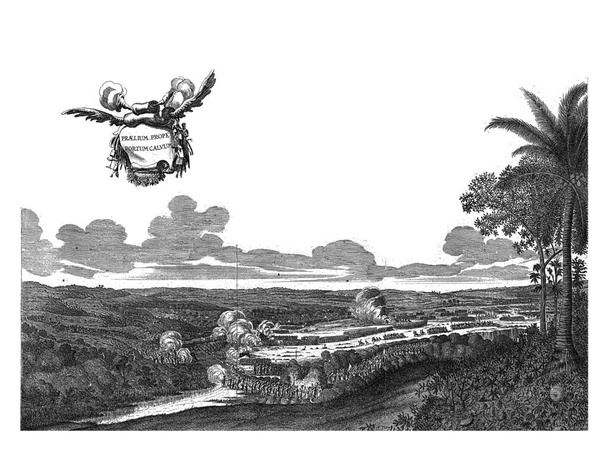 Batallas en Porto Calvo, 1637, Batallas con los combatientes portugueses y nativos en Porto Calvo, 1637. En el aire una banderola con el título, grabado vintage. - Foto, imagen