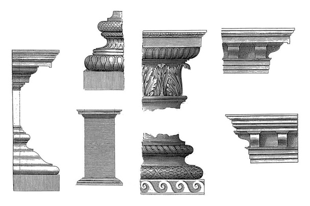Dettagli compositi, 1620 Dettagli dell'ordine di costruzione composita: cornice, base, piedistallo, cornice principale e colonna, incisione vintage. - Foto, immagini