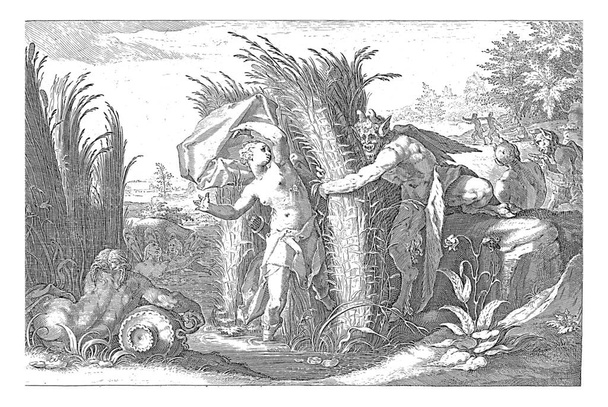 Na břehu řeky Ladon, nymfa Syrinx se snaží uniknout od boha Pana, vinobraní rytiny. - Fotografie, Obrázek