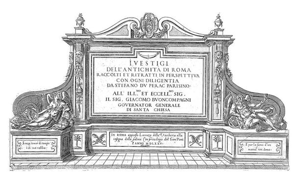 Titre imprimé d'un monument avec titre, flanqué de Faam et Vadertje Tijd, Etienne Duperac, 1575, gravure vintage. - Photo, image