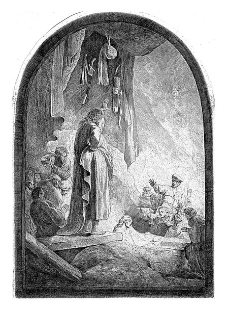 Lazarus 'un Uyanışı: büyük kayıt, Rembrandt van Rijn, 1807 - 1808, eski gravür. - Fotoğraf, Görsel
