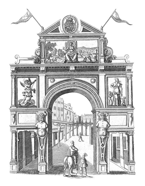 Diadalkapu a brüsszeli Szűzzel és két szenttel. Ernst főhercegnek mint Hollandia kormányzójának 1594. január 30-án Brüsszelben tartott ünnepélyes belépése, szüreti metszet. - Fotó, kép