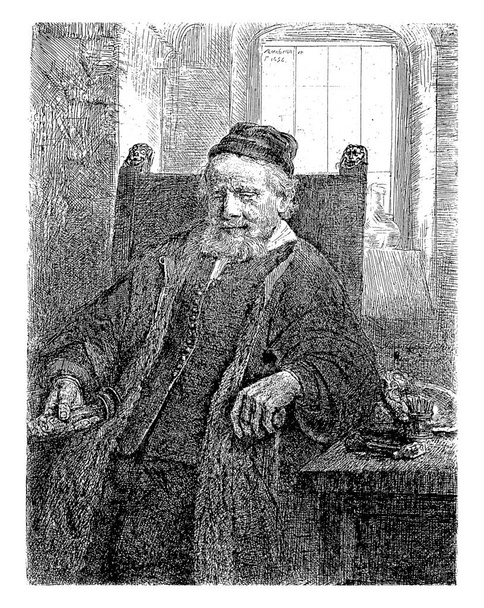 Portret złotnika Jana Lutmy, Rembrandt van Rijn, 1807 - 1808, grawerowanie vintage. - Zdjęcie, obraz