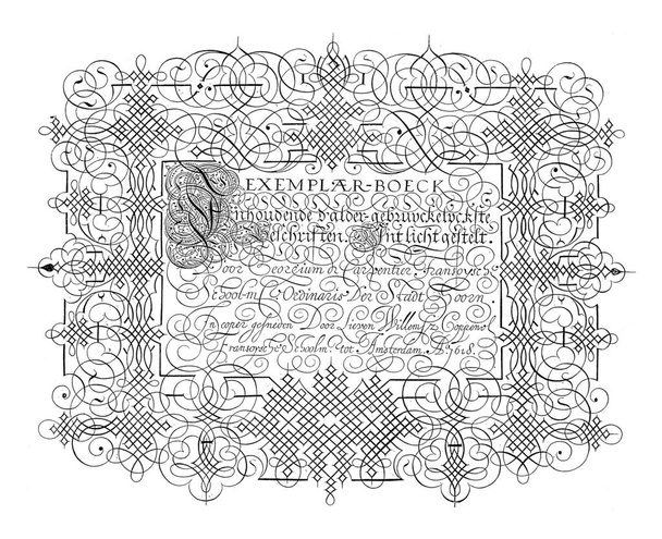 Druk tytułowy serii przykładów kaligrafii, Lieven Willemsz. Coppenol, po George de Carpentier, 1618 Tytuł serii w kaligrafii w ramce loki i morenken, vintage grawerowanie. - Zdjęcie, obraz