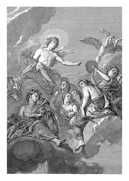 Plafondstuk met de god Apollo, op de wolken neergezet met de lier in zijn hand, te midden van de muzen. Rechts boven zijn zijn gevleugelde paard Pegasus, vintage gravure. - Foto, afbeelding