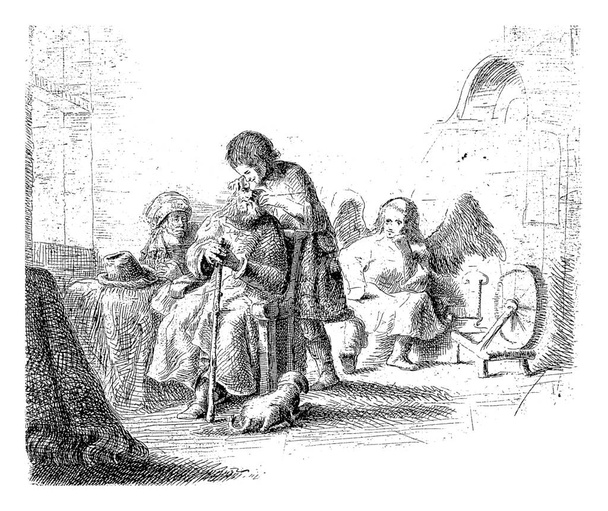 Uzdrowienie niewidomego Tobiasa, Ignace Joseph de Claussin, po Rembrandt van Rijn, 1807 - 1808, grawerowanie vintage. - Zdjęcie, obraz