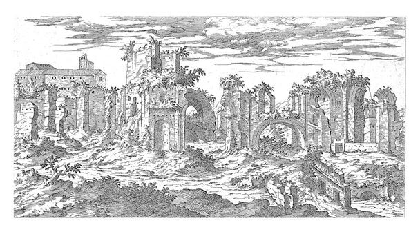 Руїни Титових купалень у Римі, Етьєн Дюперак, 1575 Вид на руїни Титових купалень у Римі.. - Фото, зображення