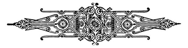 Ornate divider with regular patterns within a diamond-shaped model, at the center, repeated designs, and floral decorations on horizontal frame, vintage line drawing or engraving illustration. - Vector, Image