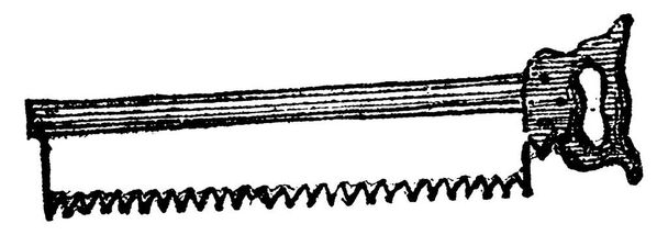 Une scie est un outil doté d'une lame, d'un fil ou d'une chaîne résistants avec un bord à dents dures. Il est largement utilisé pour couper à travers le matériau, très souvent le bois bien que parfois en métal ou en pierre, dessin de ligne vintage ou illustration de gravure  - Vecteur, image