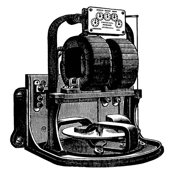 Υδραυλικός μετρητής, όργανο κατασκευασμένο για τη μέτρηση της ηλεκτρικής ισχύος σε watt και του ρυθμού παροχής του χρόνου και της ηλεκτρικής ενέργειας (αριθμός watt-hours), σχέδιο vintage γραμμής ή απεικόνιση χάραξης. - Διάνυσμα, εικόνα