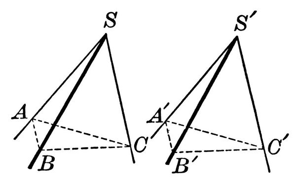Kaksi tasavertaista Polyhedral Kulmat muodostuu kolmesta tasosta, joiden risteykset kohtaavat huippupiste S ja S ', vintage line piirustus tai kaiverrus kuva. - Vektori, kuva