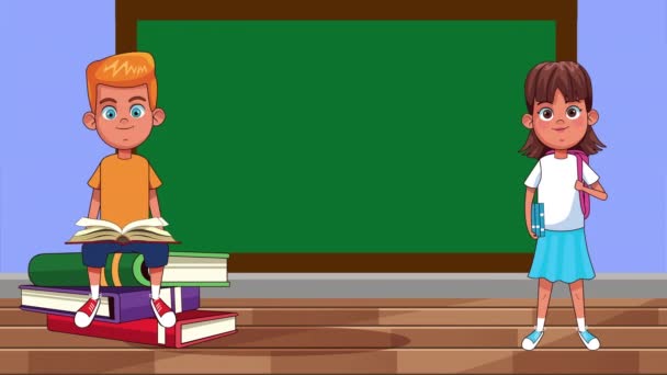 petits élèves enfants lisant des livres en classe personnages animés - Séquence, vidéo
