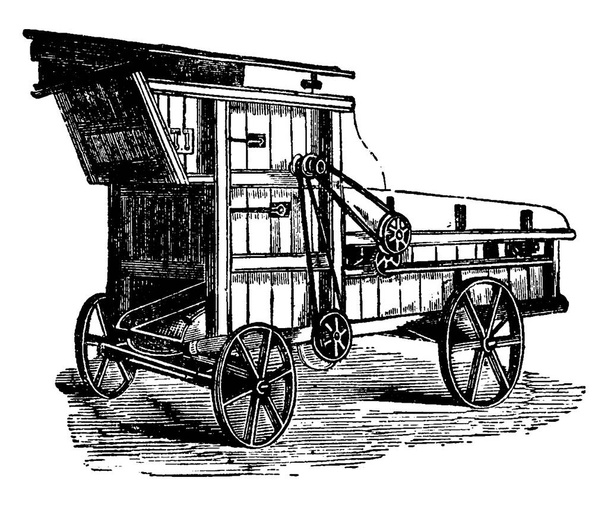 Kannettava Threshing-Machine, maatilan laitteet, käytetään pääasiassa puimaan viljaa ja erottamaan siemeniä varret ja kuoret. Se oli ensimmäinen keksinyt, Andrew Meikle, vintage linja piirustus tai kaiverrus kuvitus. - Vektori, kuva