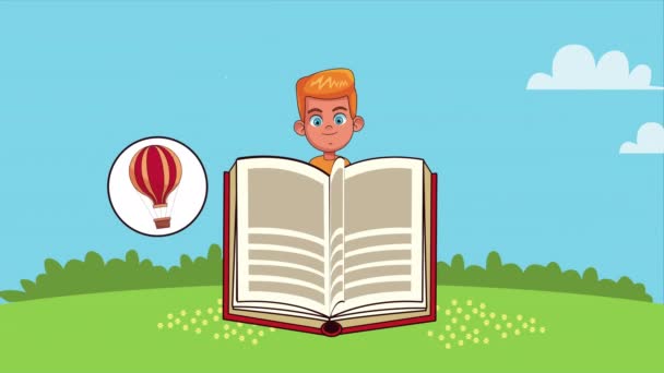 pequeño estudiante niño leyendo libro con conjunto de iconos de fantasía
 - Imágenes, Vídeo