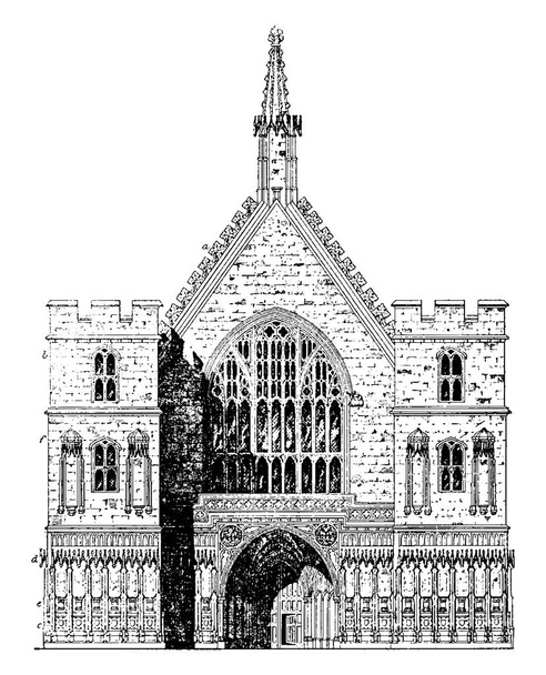 Το παλάτι του Westminster Hall, που βρίσκεται στις όχθες του ποταμού Τάμεση, στην πόλη του Westminster, στο κέντρο του Λονδίνου, Αγγλία., vintage γραμμή σχέδιο ή χαρακτική απεικόνιση. - Διάνυσμα, εικόνα