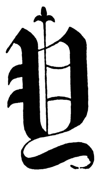 A betű tipikus ábrázolása, "nagybetűs", régi angol nyelvű címszöveg. Az ábécé díszített és elegáns formában, vintage vonal rajz vagy gravírozás illusztráció. - Vektor, kép