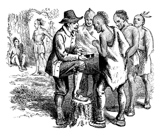 L'immagine raffigura Smith che mostra bussola ai nativi americani, disegno a linee vintage o incisione illustrazione  - Vettoriali, immagini